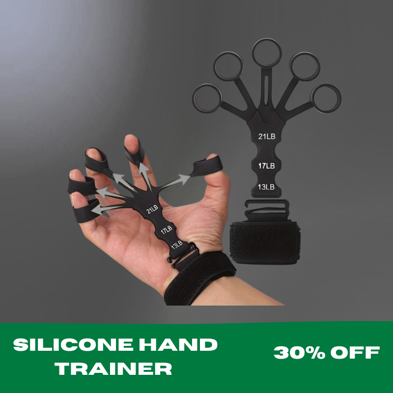 Silicone hand trainer with digital display on a gray background, featuring a discount banner at the bottom.